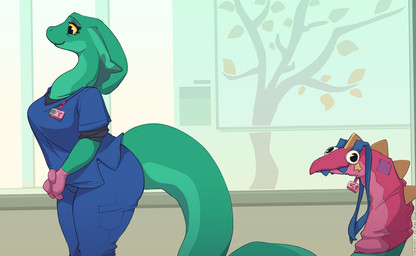 anthro breasts clothed clothing female fingers gloves green_body green_tail handwear inside latex latex_clothing latex_gloves latex_handwear non-mammal_breasts puppet scrubs solo standing tail text thick_thighs yellow_sclera javanshir becky_(javanshir) gonzo_(javanshir) cobra reptile scalie snake 2026 artist_name dated