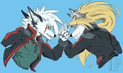 anthro artist blonde_hair blue_claws blue_eyes chin_piercing claws clothed clothing duo ear_piercing ear_ring fur hair male pawpads piercing pink_pawpads red_eyes ring_piercing teeth white_body white_fur white_hair raphial canid canine mammal 5:3 hi_res