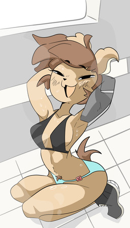 anthro bedroom_eyes bra breasts clothing crossgender crotch_tuft female mechanical_arm medium_breasts mtf_crossgender narrowed_eyes panties pubes sauna seductive solo tuft underwear andetheslayer hyena mammal 4:7 absurd_res hi_res