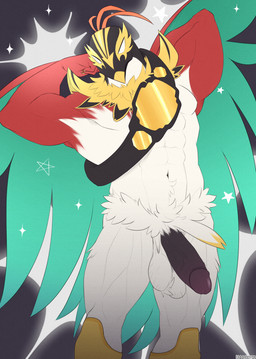 abs anthro ball_tuft balls beak belt biped black_beak black_penis championship_belt claws dipstick_beak empty_eyes erection feathered_wings feathers finger_claws fingers foreskin genitals glans green_body green_feathers hand_behind_head humanoid_genitalia humanoid_penis male male_anthro mismatched_genitalia mismatched_humanoid_penis mismatched_penis multicolored_body multicolored_feathers multicolored_penis muscular muscular_anthro muscular_male navel neck_tuft non-mammal_balls non-mammal_navel nude nude_anthro nude_male penis pink_glans pink_penis red_body red_feathers retracted_foreskin saggy_balls simple_background solo sparkles standing text tuft two_tone_penis uneven_balls vein veiny_penis white_balls white_body white_eyes white_feathers wings yellow_beak isaacyote nintendo pokemon pokemon_legends_z-a avian generation_9_pokemon mega_evolution mega_hawlucha pokemon_(species) 2026 artist_name digital_media_(artwork) hi_res
