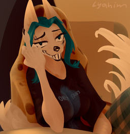 anthro big_breasts biped black_clothing black_shirt black_t-shirt black_topwear blue_eyes blue_hair breasts claws clothing female female_anthro finger_claws fur gesture grin hair hand_gesture looking_at_viewer middle_finger shirt sitting smile smiling_at_viewer solo t-shirt tan_body tan_fur topwear lyahim canid canine canis mammal wolf 2026 digital_media_(artwork) hi_res