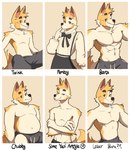 anthro barazoku biped clothed clothing crossdressing eyebrows femboy fingers fur male muscular muscular_anthro muscular_male one_eye_closed pecs smile solo tail text topless topless_anthro topless_male greyy cursed_art_challenge_(hemuchang) greyy_(greyy) canid canine canis domestic_dog mammal english_text hi_res meme