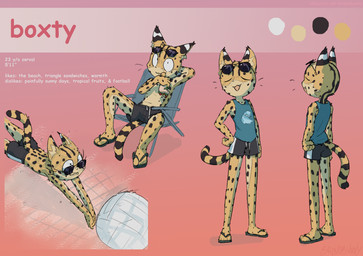 :3 anthro ball black_bottomwear black_clothing black_shorts blue_clothing blue_shirt blue_tank_top blue_topwear bottomwear clothed clothed_anthro clothed_male clothing eyes_closed eyewear fur male male_anthro markings shirt shorts sitting solo sport spots spotted_body spotted_fur sunglasses tan_body tan_fur tank_top topwear volleyball volleyball_(ball) yellow_body yellow_fur bravobunny felid feline mammal serval hi_res model_sheet multiple_images