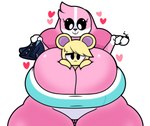 anthro beverage big_breasts big_butt black_eyes blonde_hair bodily_fluids breasts butt cleavage clothed clothing coffee duo female fur hair heart_symbol huge_breasts huge_butt huge_thighs hyper hyper_breasts hyper_thighs larger_female male pink_body pink_fur simple_background size_difference smaller_male smile standing sweat sweatdrop tail thick_thighs wide_hips yellow_body yellow_fur dewbber animal_crossing nintendo cookie_(animal_crossing) marshal_(animal_crossing) canid canine canis domestic_dog mammal rodent sciurid tree_squirrel