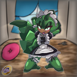 ambiguous_gender anthro clothing eyelashes femboy green_body maid_uniform narrowed_eyes piercing solo uniform radiantstarlight sega sonic_the_hedgehog_(series) fan_character lizard reptile scalie texas_horned_lizard 1:1 absurd_res hi_res nonbinary_(lore)