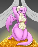 3_toes anthro biped breasts coin feet female genitals gold_(metal) gold_coin hands_above_head horn kneeling looking_at_viewer navel nipples nude purple_eyes pussy solo tail toes wings cupcakesnstuff european_mythology mythology dragon mythological_creature mythological_scalie scalie western_dragon 2021 hi_res