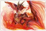 border feral membrane_(anatomy) membranous_wings nude open_mouth red_body red_scales scales solo teeth white_border wings isvoc j._r._r._tolkien middle-earth_(tolkien) mythology the_hobbit smaug dragon mythological_creature mythological_scalie scalie traditional_media_(artwork)