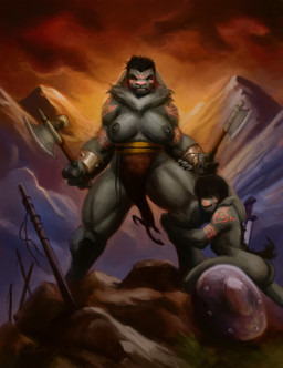axe barbarian battle_axe black_hair bottomwear breasts clothed clothing duo female femboy fur green_eyes grey_body grey_fur hair holding_leg loincloth looking_at_viewer male markings melee_weapon mountain muscular muscular_female nipples nude shield sky sword topless tribal tribal_markings weapon rayoutofspace lagomorph mammal absurd_res hi_res