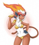 anthro blue_eyes clothed clothing female fire fur hair looking_at_viewer navel red_body red_fur simple_background skimpy solo white_background white_body white_fur white_hair chimney_(artist) nintendo pokemon generation_4_pokemon infernape pokemon_(species) 2014