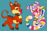 ambiguous_gender anthro bat_wings bodily_fluids cloven_hooves collar drooling duo feral fur hooves membrane_(anatomy) membranous_wings pink_eyes rainbow_stripes red_body red_fur saliva spade_tail stripes tail tongue tongue_out wings yellow_body yellow_fur cryena neopets bovid candy_neopet caprine felid feline goat halloween_neopet ixi_(neopets) kougra mammal neopet_(species) pantherine tiger hi_res