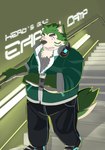 anthro clock clothing electronics eyebrows fur green_body green_fur headphones headphones_around_neck jacket male overweight solo stairs thick_eyebrows topwear watch wristwatch toto3_official lifewonders live_a_hero mokdai canid canine canis domestic_dog mammal absurd_res hi_res