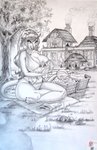 ambiguous_gender anthro baby big_breasts breastfeeding breasts building faction_sultanates female group house nipple_outline outside plant tree young seeka welcome_to_valhalla felid human lion mammal pantherine greyscale hi_res monochrome