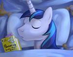 1trick 2016 bed bedding bird's-eye_view blanket blue_hair book english_text equid equine eyes_closed feral friendship_is_magic fur furniture hair hasbro high-angle_view horn lying male mammal my_little_pony mythological_creature mythological_equine mythology on_bed open_mouth pillow shining_armor_(mlp) sleeping solo text toony under_covers unicorn unicorn_horn white_body white_fur
