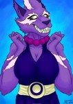 anthro breasts clothing dress female fur jewelry looking_at_viewer markings necklace purple_body purple_clothing purple_fur simple_background solo neztiks brawlhalla asuri_(brawlhalla) felid feline mammal pantherine tiger hi_res