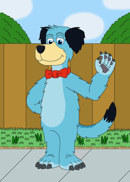 anthro blue_body blue_fur blue_sky bow_tie bow_tie_only fence fur grass male mostly_nude plant red_bow_tie sky solo standing mcsaurus hanna-barbera the_huckleberry_hound_show huckleberry_hound canid canine canis domestic_dog mammal 2013 hi_res