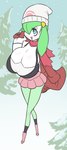 anthro big_breasts blue_eyes bottomwear breasts cleavage clothed clothing female green_hair hair happy hat headgear headwear huge_breasts miniskirt short_stack skirt solo snugundies nintendo pokemon dawn_(pokemon) pokemon_trainer generation_3_pokemon kirlia pokemon_(species) full-length_portrait portrait