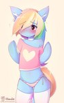 2021 anthro blush bodily_fluids clothing digital_media_(artwork) equid equine eyelashes female flat_chested friendship_is_magic hair hasbro heart_clothing heart_print heart_shirt heart_symbol heart_t-shirt heart_topwear hi_res hoodie_(artist) inner_ear_fluff legwear mammal multicolored_hair multicolored_tail my_little_pony navel nervous panties print_clothing print_shirt print_t-shirt print_topwear rainbow_dash_(mlp) rainbow_hair rainbow_tail semi-anthro shirt simple_background smile solo stockings sweat sweatdrop t-shirt tail text topwear tuft underwear url