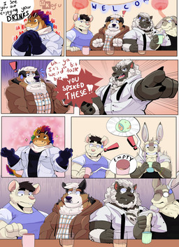 anthro belly beverage black_body brown_body brown_fur brown_hair clothing dialogue drinking fur gesture glass grey_body grey_fur group hair hand_gesture laugh male male/male multicolored_hair muscular pointing pointing_at_another rainbow_hair simple_background smile surprised text white_body white_fur white_hair kofuhowlfy mesi_(character) canid canine canis dinosaur domestic_dog dromaeosaurid lagomorph leporid mammal murid murine prehistoric_species rabbit rat reptile rodent saurischian scalie theropod velociraptor wolf absurd_res comic english_text hi_res