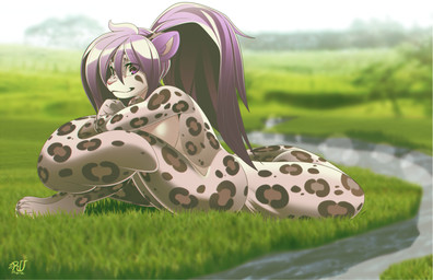 anthro breasts clothed clothing day detailed_background female grass hair outside plant purple_eyes purple_hair sky smile solo tail rudragon felid leopard mammal pantherine snow_leopard 2021 digital_media_(artwork) hi_res
