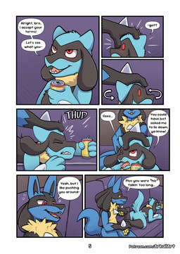 alcohol betting beverage blush chest_spike clenched_teeth dialogue dunk duo furniture hand_spike head_in_hand hiccuping holding_paws imminent_vore male page_number pawpads pushing_down pushing_head red_eyes size_difference sofa speech_bubble spikes spikes_(anatomy) tail teeth text tongue tongue_out arkailart nintendo pokemon generation_4_pokemon lucario pokemon_(species) riolu absurd_res comic english_text hi_res