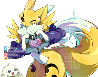 3_fingers ambiguous_gender anthro armwear armwear_only big_tail black_nose black_sclera blue_eyes bridal_gauntlets claws clothing double_tomoe duo female fingers fur gesture hand_gesture heart_gesture heart_symbol logo looking_at_viewer mostly_nude multicolored_body multicolored_ears multicolored_tail one_eye_closed simple_background solo tail thick_thighs thumbs_up tomoe_(symbol) tuft white_background white_body white_fur wink winking_at_viewer yellow_body yellow_fur youzaiyouzai112 bandai_namco digimon canid digimon_(species) mammal renamon terriermon 2025 artist_logo hi_res