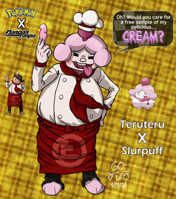 apron barefoot chef_hat chef_uniform clothing dairy_products evil_grin feet food gesture hair hat headgear headwear male necktie no_pupils overweight pink_hair shirt shirt_tucked_in smile solo suggestive suggestive_gesture text tongue tongue_out topwear whipped_cream white_clothing white_shirt white_topwear go-two danganronpa danganronpa_2 nintendo pokemon spike_chunsoft teruteru_hanamura food_creature food_humanoid generation_6_pokemon humanoid pokemon_(species) slurpuff absurd_res english_text hi_res