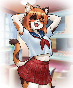 anthro asian_clothing blush bottomwear breasts brown_body brown_fur brown_hair clothing east_asian_clothing eyebrow_through_hair eyebrows eyelashes eyes_closed fangs female fur hair hands_behind_head inner_ear_fluff japanese_clothing japanese_school_uniform midriff multicolored_body multicolored_fur open_mouth open_smile school_uniform serafuku skirt smile solo teeth translucent translucent_hair tuft uniform white_body white_fur blazbaros calico_cat domestic_cat felid feline felis mammal 2025 5:6 hi_res