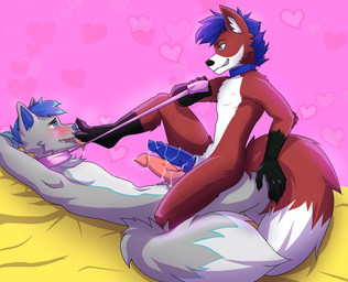 animal_genitalia animal_penis anthro balls bed blush bodily_fluids canine_genitalia canine_penis collar cum dominant duo erection feet foot_fetish foot_lick foot_play frottage fur furniture genital_fluids genitals hair knot leash leash_pull licking male male/male nude pawpads paws penile penis penises_touching romantic romantic_couple sex simple_background smile smirk submissive toes tongue tongue_out white_body white_fur frikuart canid canine canis hybrid mammal wolf