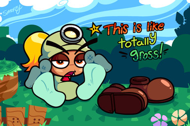 2_toes armless armor ascot blonde_hair blush brown_clothing brown_footwear brown_shoes clothed clothed_female clothed_feral clothing detailed_background dialogue disgust embarrassed eyebrows fangs feet female female_feral fence feral foot_fetish foot_focus footwear frown green_clothing green_hat green_headwear hair half-closed_eyes hat headgear headlight headwear helmet hill looking_at_viewer multicolored_clothing multicolored_footwear multicolored_socks narrowed_eyes noseless open_frown open_mouth orange_eyes outside ponytail red_ascot sharp_teeth shoes shoes_removed sitting snaggle_tooth socks soles solo talking_to_viewer tan_body tan_skin teeth thick_eyebrows toes topwear two_tone_clothing two_tone_footwear two_tone_socks smokey_the_menish mario_bros nintendo paper_mario paper_mario:_the_thousand_year_door goombella goomba waddling_head 3:2 hi_res