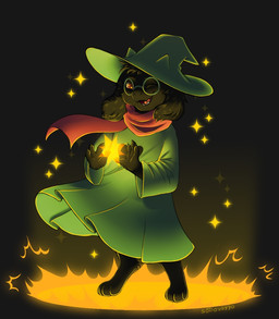 anthro black_body black_fur clothing digitigrade floppy_ears fur green_clothing green_hat green_headwear green_robe hat headgear headwear lop_ears magic magic_user male one_eye_closed paws pink_scarf robe scarf solo wizard_hat sodovayya deltarune undertale_(series) ralsei bovid caprine goat mammal full-length_portrait portrait