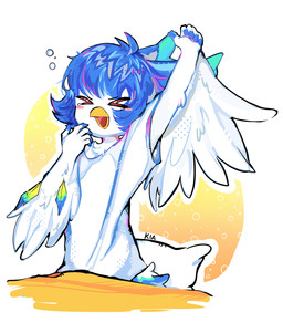 5_fingers anthro beak bedding blanket blue_hair chest_tuft eyes_closed feathered_arms feathers female fingers fur hair open_beak open_mouth pillow simple_background solo stretching tongue tuft waking_up white_background white_body white_fur yellow_background basilbxun perico avian bird half-length_portrait hi_res portrait