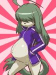 ahoge anthro bottomless clothed clothing female flat_chested genitals green_hair hair hair_over_eyes hand_in_pocket jacket loli navel outie_navel pockets pregnant pregnant_female pussy solo topwear underage_pregnancy young young_anthro tenseiani asian_mythology chinese_mythology east_asian_mythology futaba_channel mythology nijiura_maids konton-san canid canine hundun mammal 3:4 censored mosaic_censorship