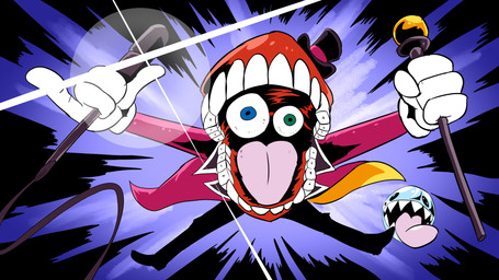 4_fingers ambiguous_gender blue_eyes cane clothing duo electronics fingers green_eyes heterochromia male microphone open_mouth sharp_teeth teeth deputy_rust glitch_productions the_amazing_digital_circus bubble_(tadc) caine_(tadc) living_bubble tooth_creature absurd_res hi_res