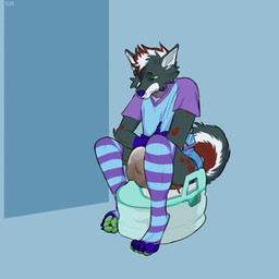 4_toes anthro barely_visible_feces blue_clothing blue_footwear blue_shirt blue_socks blue_topwear clothed clothing collar diaper digitigrade feces feces_blowout feet footwear fur green_eyes grey_body grey_fur hair male pooping potty purple_clothing purple_collar purple_footwear purple_shirt purple_socks purple_topwear red_body red_fur red_hair red_spots shirt sitting socks soiled_diaper soiling soiling_diaper solo spots stained_diaper toes topwear unclean_diaper used_diaper using_diaper wearing_diaper white_body white_fur white_hair stinkybuns lyonel_(lyonelhy) canid canine canis mammal wolf 1:1 hi_res