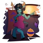 4_fingers anthro biped black_hair blue_body blue_fur clothing dress female fingers fur hair hand_on_hip hooves horn looking_at_viewer pose short_hair solo standing toy yo-yo alvh-omega activision spyro_reignited_trilogy spyro_the_dragon sheila_the_faun_(spyro) faun_(spyro) satyr 1:1 2018 hi_res