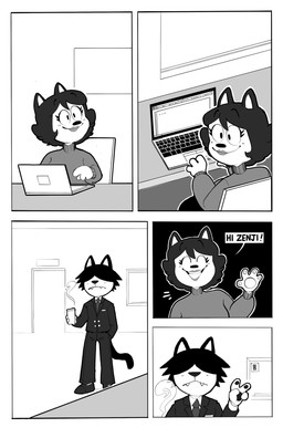 anthro beverage clothed clothing coffee comic_panel computer container cup desk duo electronics female furniture hair laptop male mug office raised_hand short_hair suit table creator_ant mary_(creator_ant) zenji_(creator_ant) domestic_cat felid feline felis mammal black_and_white comic hi_res monochrome