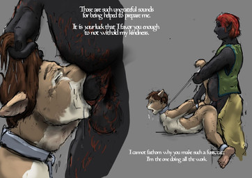 anal anal_rape anthro balls bdsm big_dom_small_sub black_body bodily_fluids bondage bottomwear bound brown_hair clothed clothing collar dominant drooling duo erection forced genitals green_clothing green_topwear green_vest grey_background hair hair_grab male male/male nude nude_male open_bottomwear open_clothing open_pants oral oral_rape pants penis raised_tail rape red_hair saliva sex simple_background size_difference tail text topwear touching_hair vest white_text jeri_kleinlowe microsoft the_elder_scrolls dunmer felid khajiit mammal 2022 colored english_text