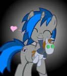 blue_hair cutie_mark eyes_closed female feral fur grey_body grey_fur grin hair heart_symbol horn multicolored_hair plushie smile solo two_tone_hair ponyecho fallout_equestria hasbro my_little_pony mythology fan_character homage_(fallout_equestria) littlepip equid equine mammal mythological_creature mythological_equine unicorn