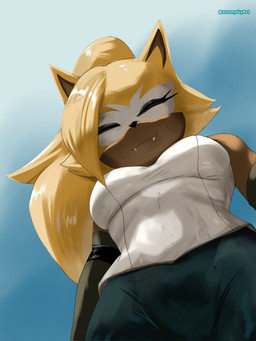 anthro bottomwear breasts clothed clothing fangs female fur hair low-angle_view medium_breasts simple_background solo standing teeth topwear soranygyart idw_publishing sega sonic_the_hedgehog_(comics) sonic_the_hedgehog_(idw) sonic_the_hedgehog_(series) whisper_the_wolf canid canine canis mammal wolf 3:4 digital_media_(artwork) hi_res
