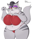 anthro belly big_breasts bra breasts clothing eyeshadow fangs female huge_breasts makeup markings mature_female mole_(marking) overweight overweight_female panties simple_background solo teeth thick_thighs underwear white_background mr_valentine00 adult_swim cartoon_network come_and_learn_with_pibby melira_(pibby) domestic_cat felid feline felis mammal tabby_cat absurd_res hi_res