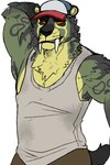 anthro big_fangs black_nose bottomwear brown_bottomwear brown_clothing brown_pants clothed clothing fangs fur green_body green_fur grey_body grey_fur hand_behind_head hat headgear headwear looking_at_viewer male male_anthro muscular muscular_anthro muscular_male orange_eyes pants simple_background solo teeth topwear white_background white_clothing white_topwear yellow_body yellow_fur imperatorcaesar felid mammal prehistoric_species saber-toothed_tiger 2:3 absurd_res half-length_portrait hi_res portrait