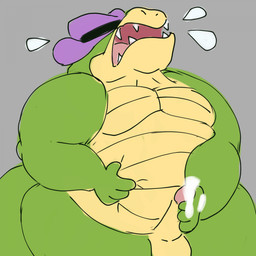 4_fingers anthro belly big_belly biped bodily_fluids clothing cum fingers genital_fluids genitals green_body hat headgear headwear humanoid_genitalia humanoid_hands humanoid_penis male masturbation open_mouth overweight overweight_male penis purple_clothing purple_hat purple_headwear simple_background solo standing justwatchingthings brok_the_investigator cowcat_games brok_(brok_the_investigator) alligator alligatorid crocodilian reptile scalie 2026 hi_res