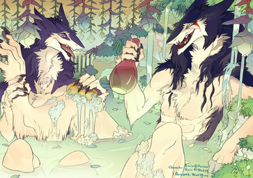 alcohol ambiguous_gender anthro bath bathing beverage blue_eyes bubble claws detailed_background duo female flower food forest forked_tongue green_eyes outside plant soap sponge tongue tongue_out tree water wet mick39 rain_silves mammal sergal