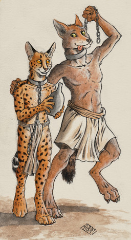 5_fingers anthro bottle bottomwear chain clothing collar container digitigrade duo fingers fur green_eyes hand_on_shoulder holding_bottle holding_chain holding_container holding_object lock loincloth looking_down looking_down_at_another looking_up_at_another markings one_leg_up orange_eyes padlock raised_leg shadow simple_background slave smile spots spotted_body spotted_fur standing striped_markings striped_tail stripes tail tail_markings tongue tongue_out 0laffson canid canine canis coyote felid feline mammal serval 2016 hi_res painting_(artwork) signature traditional_media_(artwork) traditional_painting_(artwork) traditional_watercolor_(artwork) watercolor_(artwork)