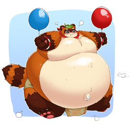 ambiguous_gender anthro balloon belly belly_expansion belly_inflation bloated blush blush_lines bodily_fluids body_inflation expansion glistening glistening_body inflatable inflation navel nervous nervous_sweat outie_navel paws solo solo_focus sweat skyox kinu_(skyox) canid canine mammal raccoon_dog tanuki hi_res
