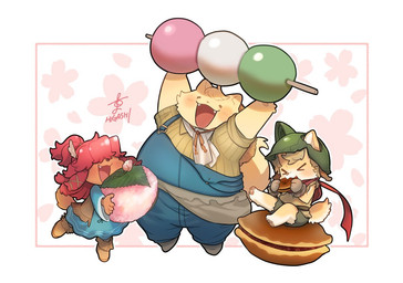 anthro armor blush clothing dango_(food) dorayaki dumplings eating female food group hair hair_over_eyes headgear helmet male overalls overweight pink_hair ponytail smile trio young higashi_cc2 cyberconnect2 fuga:_melodies_of_steel little_tail_bronx boron_brioche hack_montblanc wappa_charlotte canid canine caninu canis domestic_cat domestic_dog felid feline felineko felis mammal official_art