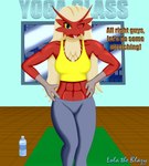 anthro athletic_wear bottomwear clothing female pants solo text yoga yoga_pants lolatheblazy pokemonartist nintendo pokemon lola_the_blazy blaziken generation_3_pokemon humanoid pokemon_(species) absurd_res english_text hi_res