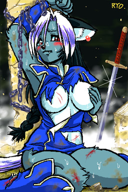 anthro arms_above_head biped blood blue_body blue_fur blush bodily_fluids bound braided_hair breasts chain chained clothing covering covering_breasts covering_self ear_piercing eyewear fangs female front_view fur glasses hair hand_on_own_breast melee_weapon piercing red_eyes sitting solo sweat sword teeth torn_clothing weapon wounded ryou aria_(ryou) domestic_cat felid feline felis mammal 2:3 digital_media_(artwork) oekaki