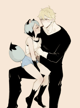 alternate_species anthro black_clothing blue_eyes blue_hair blue_tail blush bodily_fluids breasts butt butt_grab clothing duo female fur hair hand_on_breast hand_on_butt hand_under_clothing human_on_anthro humanized interspecies male male/female on_lap orange_body orange_fur romantic romantic_couple sitting_on_lap sweat tail white_hair tennko brand_new_animal studio_trigger michiru_kagemori shirou_ogami canid canine human mammal raccoon_dog tanuki hi_res