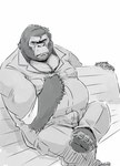 anthro belly bench bottomwear bulge clothing humanoid_hands kemono male overweight overweight_male pants shirt sitting solo topwear conoji yaranaika ape gorilla haplorhine mammal primate meme